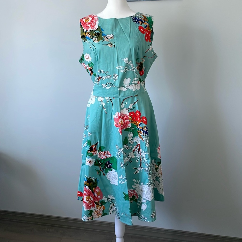 Coeur de Vague Women Blue Floral Tie-back High -Neck Fit & Flare Dress